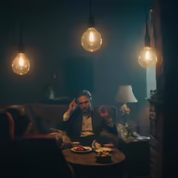 a man holding his hand up while sitting in a chair