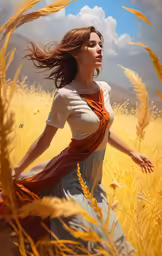 a woman walking through a yellow field on a sunny day