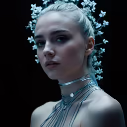 the young girl is wearing flowers in her hair