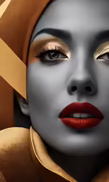 an art print with a model wearing gold and silver