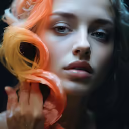 the portrait of a woman has bright orange hair