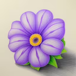 a drawing of a purple flower with green leaves,drawing a flower with colored pencils in it