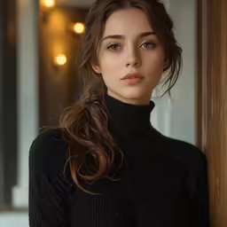 a woman is leaning against a wall wearing a black turtle neck sweater