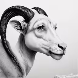 a ram with curved horns is in a room