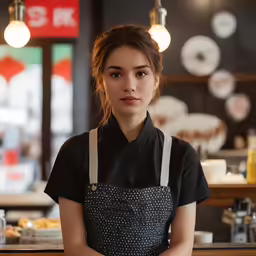 a woman with a black shirt, grey apron and white bib standing next to a counter