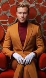 a man with white gloves is sitting in a chair