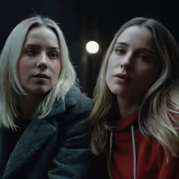 two blonde haired women sit facing the camera