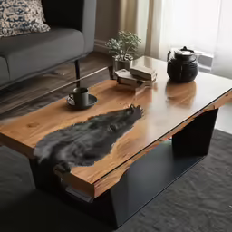 the coffee table has a cat picture on it