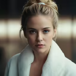 a woman in white bathrobe staring into the camera