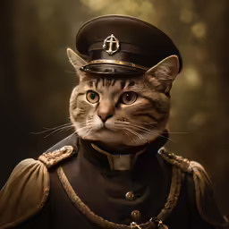 a cat wearing a military uniform is looking at the camera