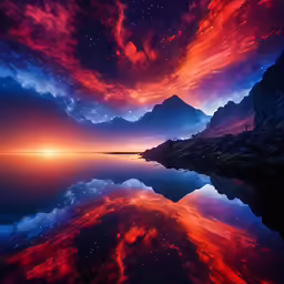a beautiful sunset is reflected on the water of a lake
