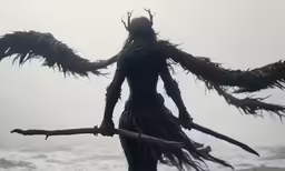 a girl with her arms out, and long hair, standing on the beach with seaweed