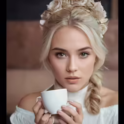 a woman is holding a coffee mug with a flower headpiece on her head