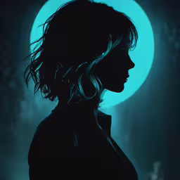 a woman is staring toward something in the distance,a silhouette of a woman in front of a round image