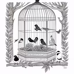 birds flying in a cage on a tree branch,the birds in the cage are all standing by