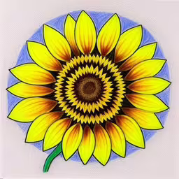 a picture of a sunflower on a square white surface,a drawing of a sunflower with a center piece