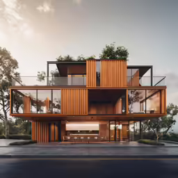 a brown three level house with trees in the front