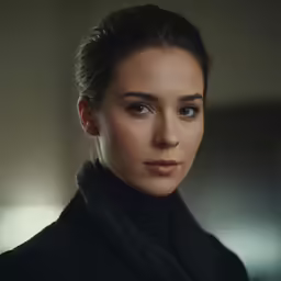 a woman wearing a black jacket and looking up