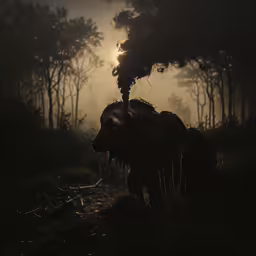 an elephant standing in the dark with a tree and mist