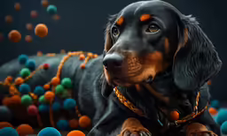 a dog on a black background with orange and blue balls