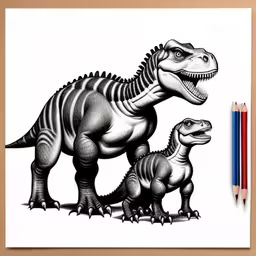 a drawing of a dinosaur next to a small child,a drawing of two dinosaurs on a white board