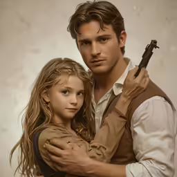 two people standing together holding a gun