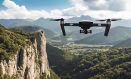 a camera strapped to a remote control system in flight with mountains and trees in the background