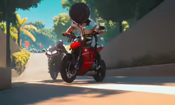 a person riding on the back of a red motorcycle