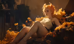 a beautiful red haired woman laying in a bed of flowers