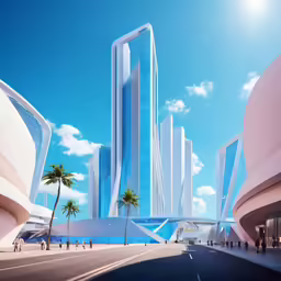 the futuristic architecture of an art museum has a palm tree