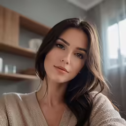 a woman poses for a photo in front of a shelf