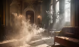 a steam room with sofa, lamp and table