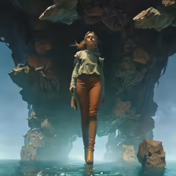 a person walking on a field near water