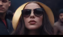 a woman wearing sunglasses with a man behind her