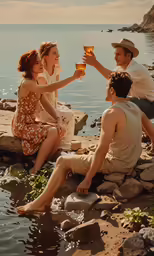 a group of friends toasting each other near the water