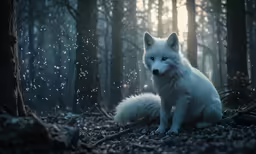 a white wolf sitting in the middle of a forest