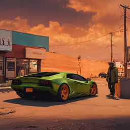 a person is standing near a green sports car,a man is standing next to a green sports car