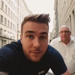 man taking photo in the middle of city