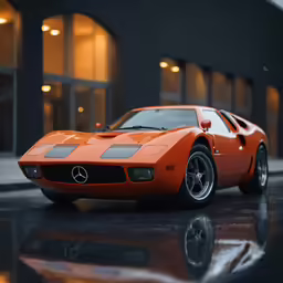 an orange car that is parked on a street
