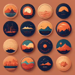 different badges and stickers that are on a orange surface,nine badges in different sizes are shown with colorful mountains