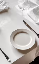 a empty white plate and knife are sitting on top of a table