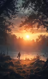 the person is walking through a grassy field with trees