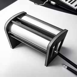 a table with a keyboard, pen and holder