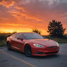 a red sports car on the side of a road in front of a setting sun