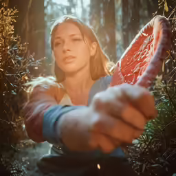 a young lady is holding a large piece of meat