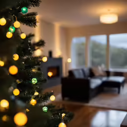 a lit up christmas tree with lights hanging in front of it