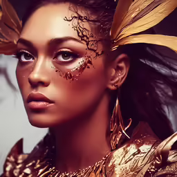 woman with golden feathers and makeup, gold headpiece