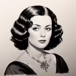 black and white drawing of a woman with pearls