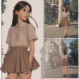 a woman standing in front of some buildings wearing a brown dress