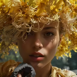 a young girl with yellow flowers on her hair